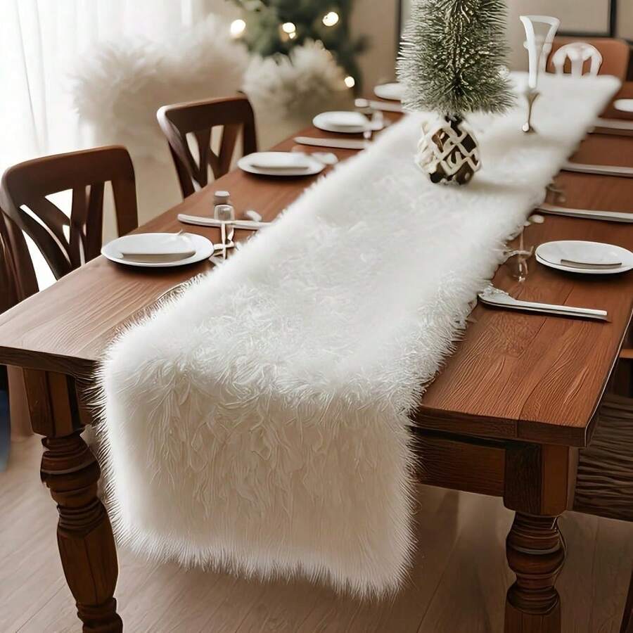1pc Spring Summer Fall Winter Soft Plush Faux Fur Table Runner, White, Pink- 13x36 Inch, 13x72 Inch Winter Christmas Home Decor,Holiday Party Dining Table Cover For Coffee Table & Dresser, White Fuzzy Festive Birthday Decoration,Christmas Theme Tablecloth,Holiday Kitchen Dining Table Decoration For Home Party Decor,Room Decoration, Holiday Party Decoration,Holiday Dining Indoor/Outdoor Use - 白色 - 查看 1