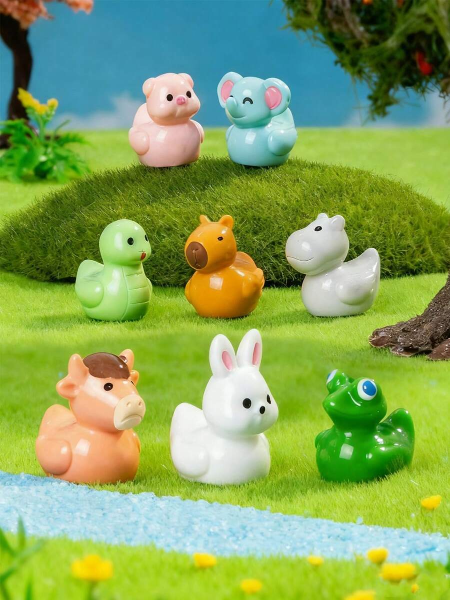 8/16个迷你树脂鸭子摆件，可爱微型动物鸭子卡皮巴拉、兔子、鳄鱼、蛇、猪、马、大象、河马鸭子装饰品，适用于DIY仙女花园、微景观工艺、玻璃容器、盆栽植物装饰、汽车内饰配件、家居装饰、书架、客厅场景、主题派对、圣诞节、新年、情人节、婚礼、完美生日礼物（款式随机） - 彩色 - 查看 1