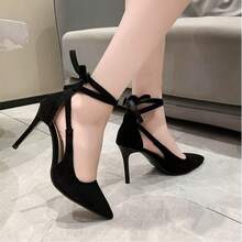 Zapatos de tacón de aguja con punta afilada para mujer Sandalias de tacón de aguja con tiras cruzadas - Negro - Ver 4