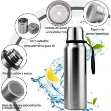 Termo de Acero Inoxidable 1000ML, Termo para Agua con Infusor de T, Botella de Agua, Cierre Hermtico, Sin BPA, Mantngase caliente y fro24 horas, con manga de botella, A prueba de derrames Verde - Plata - Ver 8