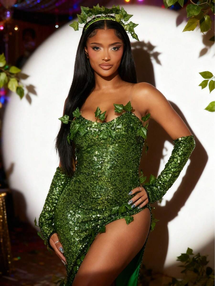 Poison Costume Women Ivy Halloween Outfit Green Sequin Strapless Mini Dress 3 Piece With Sleeves, Gloves And Headpiece - váy dài màu xanh lá cây - Xem 1