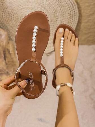 Women's T-Strap Pearl Chain Decor Summer New Roman Flat Sandals, Women's Clip Toe Comfortable Minimalist Casual Beach Holiday Style, Fashionable Slip-On With Elastic Strap Back Sandals