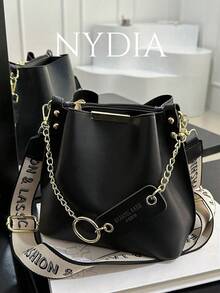 Letter Graphic Chain Decor Bucket Bag Fashion Crossbody Bucket Bag, Solid Color Simple Shoulder Bag, Women's Casual Handbag & Tote Hobo Purse - Black - View 1