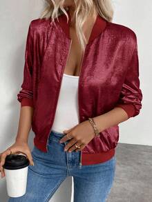 Keke Bloomly Damska lekka, zapinana na zamek, luźna kurtka typu bomber z długim rękawem, lśniący metaliczny kolor bordowy, modna, uniwersalna kurtka dojazdowa i wakacyjna - Burgund - Zobacz 5