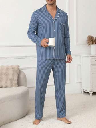 Men's Casual Pajama Set With Collar, Button, Contrast Stripe Print, Long Sleeve Top And Pants, Cozy And Comfortable Loungewear For Autumn/Winter