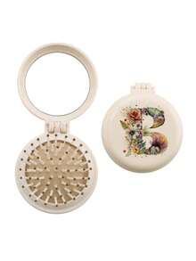 Brodark 1个象牙色和米色花卉图案26字母迷你镜梳，小巧便携，女士必备气垫梳，可折叠气垫按摩梳，镜子和梳子一体设计，旅行和露营配件，返校必备 - 米白 - 查看 34