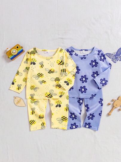 2 Sets (4pcs) Girls & Toddlers Casual Floral & Bee Print Soft Comfortable Flame Retardant Knit Fabric Long Sleeve T-Shirt And Pants Pajama Set, Suitable For Autumn/Winter Home Wear