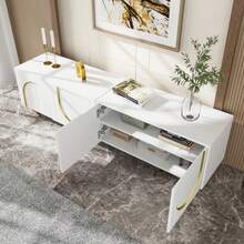 TV Cabinet, Lowboard With Structured Towers, TV Furniture With Drawers, Open Compartments, Gold Handles And Gold Feet - White - View 3