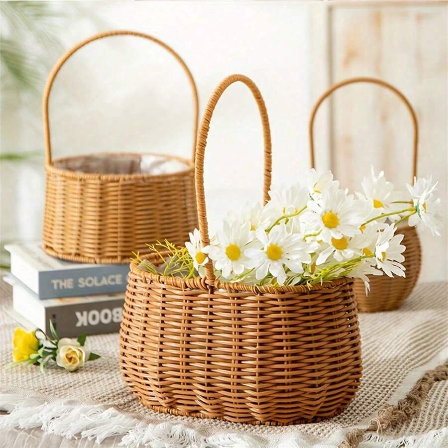 1pc Woven Flower Basket, Handheld Flower Basket, Plastic Woven Postpartum Handmade Basket, Baby Egg Decor, Home Flower Basket
