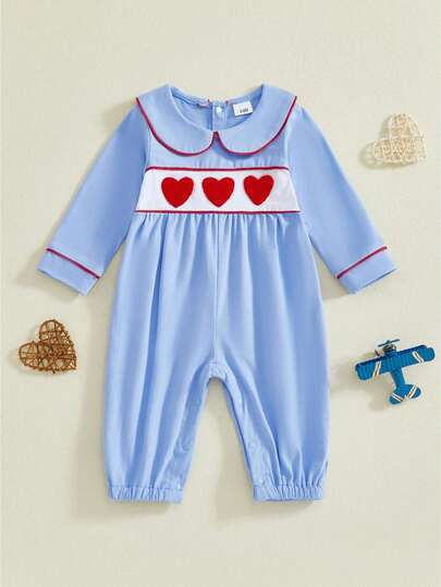 Infant Baby Boy Rompers Long Sleeve Doll Collar Heart Embroidery Cute Spring Jumpsuit