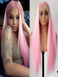 websterwigs 13x4 Pink Natural Straight Synthetic Lace Front Wig, High Quality Heat Resistant Fiber, Pre-Plucked, Glueless, Full Wig Set For Women, Halloween - Multicolor - View 14