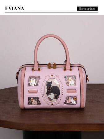 Unique Design High-End Women's Handbag, Y2K Retro Tarot Card Rivet Oil Painting Cat Boston Pillow Bag, Distinctive Style Cute Pink/Purple Tote Shoulder Crossbody Bag, Large Capacity Commuter Bag