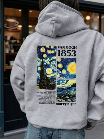 女士户外运动服，梵高星空印花 - 以梵高的艺术设计为特色，饰有柏树和夜空，抽绳连帽衫，多功能户外运动服，女士秋冬装，女士户外上衣，图案长袖卫衣