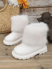 1 Paar weiße Kinder-Schneestiefel in großen Größen für Mädchen, einfarbig, weich und bequem, aus PU und Kunst-Kaninchenfell-Mix, klassisch minimalistisches Design mit Reißverschluss hinten, runde Zehenpartie, dicke Sohle mit Höhenzunahme, modische niedliche Mädchen-Stiefeletten, geeignet für 3-15 Jahre alte Schülerinnen, für Alltag, Party, Lässig und Outdoor, Herbst/Winter, neuer Stil - Weiss - Übersicht 3