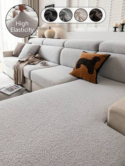 1 Stück einfarbige Teddy-Fleece Sofabezug, elastisch umwickelnd, warm & bequem, einfacher Ins-Stil, tierfreundlich, rutschfest, maschinenwaschbar, geeignet für L-förmiges Sofa mit 1/2/3/4 Sitzen im Wohnzimmer, Schlafzimmer, Arbeitszimmer
