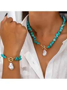 Women's Turquoise Chip & Imitation Baroque Pearl Jewelry Set, Includes 2pcs Simple Alloy Fashion Accessories, Suitable For Daily Wear - Necklace And Bracelet Set - Turquoise - View 6