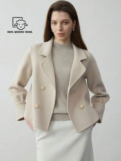 优雅女士100%纯羊毛大衣，时尚纯色，前短后长双面羊毛夹克，女士冬季外套 白色