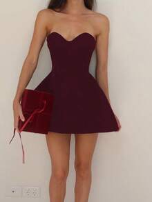 性感、纯洁、诱人，火辣女孩，复合编织派对连衣裙，海滩度假，春夏 - 酒紅色 - 查看 2