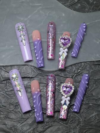 CrystalHola Christmas Nails, 10 Pieces Of Handmade Fake Nails Press-On Nails, French Tip Nails, Long Purple Ballet Nails With Artificial Gemstones, Fake Nails, Luxurious And Cute Nails, Y2K And Sassy Style, Acrylic Press On Nails, Suitable For Music Festival Parties And Everyday Wear, Autumn And Winter, A Good Gift For Girls And Women, New Year Nails.