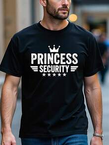 Bold Princess Security Graphic T-Shirt - Men'S Casual Black Tee With Crown And Stars Design, Comfortable Cotton Blend, Perfect For Urban Style And Everyday Wear - 黑色 - 查看 1