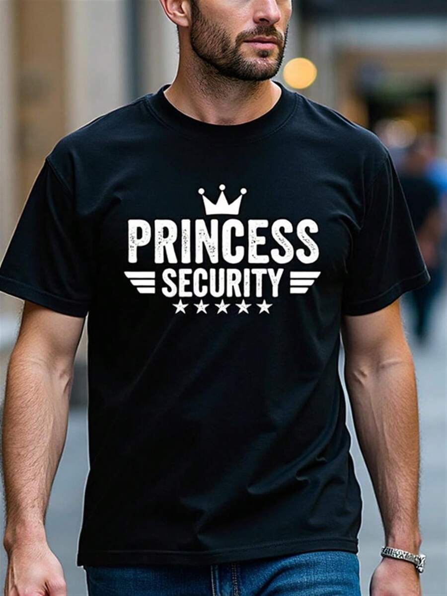 Bold Princess Security Graphic T-Shirt - Men'S Casual Black Tee With Crown And Stars Design, Comfortable Cotton Blend, Perfect For Urban Style And Everyday Wear - 黑色 - 查看 1