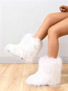 New Winter Warm Plush Artificial Fur Women's Snow Boots - Grey Ankle Boots, Soft Lining, Comfortable Slip On Design, Suitable For Outdoor And Indoor Wearing In Cold Weather, Neutral Short Ankle Artificial Raccoon Leather Snow Boots - Solid Color Classic, Ultra Smooth Fur Touching The Ground, Perfect Choice For Christmas And Halloween, Y2K Style! Y2K Fashion Men's And Women's Snow Boots - Made Of Synthetic Washed Bear Skin, Silky Ground Touching Fur, Classic Solid Color Tones, Ideal For Christmas And Halloween! Short Ankle Unisex Synthetic Raccoon Skin Snow Boots - Solid Color Classic, Super Smooth Fur, Edgy Y2K Vibe! Christmas And Halloween Must-Have Fake Washed Bear Skin Snow Boots (Suitable For Both Men And Women) - Solid Color Classic Tone, Smooth Fur Touching The Ground, Fashionable Y2K Appearance! Y2K Men's And Women's Short Ankle Snow Boots - Solid Color Classic, Perfect For Christmas And New Year Parties - 白色 - 查看 8