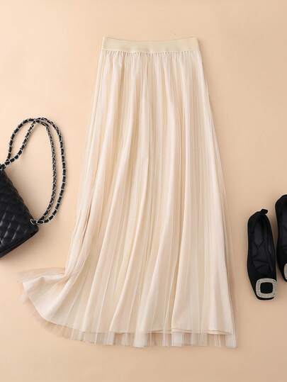 LuminousWealth Women's Elegant Pleated Mesh A-Line Skirt, Suitable For Casual Or Office Wear, Minimalist & Graceful | Polyester Mesh Skirt, Suitable For All Seasons, Great For Christmas & New Year