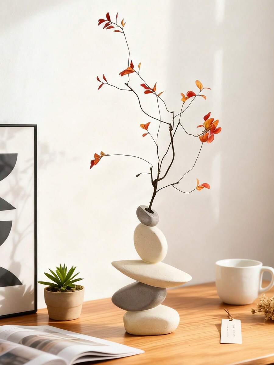 Jarrón de piedras abstracto, opción de decoración del hogar moderna, adecuado para la sala de estar, la mesa de entrada y el dormitorio. Una pieza decorativa central de moda, encaja perfectamente en espacios bohemios y minimalistas, adecuada para todas las estaciones, también se puede usar como decoración con tema de otoño. Eleva tu estilo interior con un toque artístico. - Multicolor - Ver 1