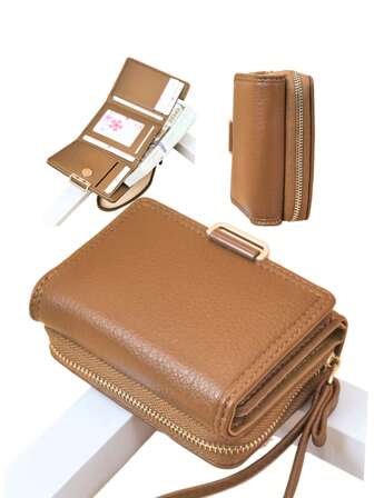 MINGYOU Short Tri-Fold Handbag Wallet, PU Leather Women's Multifunctional Wallet With Zipper, Large Capacity Coin Purse, Card Holder