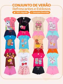 6-Piece Girls' Summer Clothing Set - 3 T-Shirts + 3 Shorts - 彩色 - 查看 4