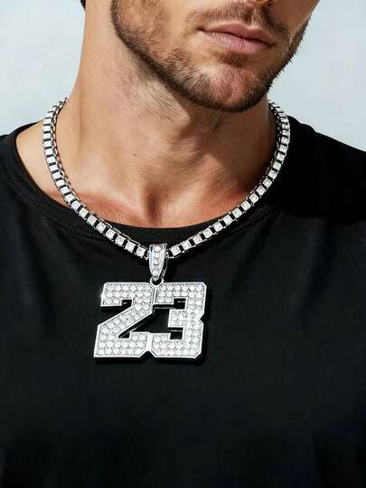 قلادة عدد 23 مرصعة بالراين ستون مع سلسلة سمك 8مم قابلة للارتداء للرجال والنساء، إكسسوار عصري مناسب للاستخدام اليومي