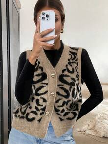 Women's Freeform Autumn/Winter Knitted Vest Cardigan, Fashion Minimalist Business Casual Commute Elegant Resort Warm High-End Versatile Slimming Victory Day Cute Top Korean Style