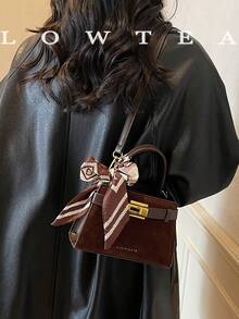 low tea 新款夏季荔枝纹女士手提包，时尚可调节肩带斜挎包，简约纯色高端金属装饰单肩通勤包 - 咖啡 - 查看 6