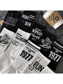 5双男士中筒袜，适合秋冬季节，水手风，防臭，百搭，美式运动字母设计，高筒袜，INS风格，全年皆可穿着 - 白色 - 查看 4