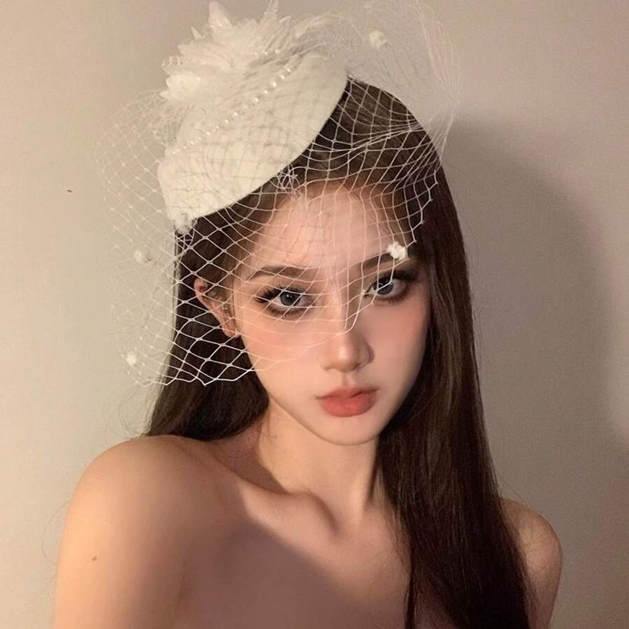1 Piece Fashion Retro Republic Of China Style Mesh Hat Women's Headwear Bride Pearl Veil Socialite Cheongsam Dress Hair Accessories Halloween Decoration Suitable For Men And Women Festival Party Daily Wear Exquisite Halloween Christmas Thanksgiving Festival Gifts Birthday Gifts - 白色珍珠禮帽 - 查看 1