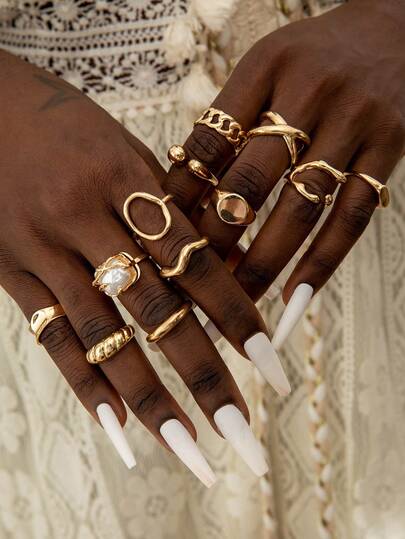 12pcs/Set Vintage Geometric Hollow Design Ellipse Wave Minimalist Chic Adjustable Rings Set, Suitable For Balls, Gatherings, Parties, Gifts For Friends