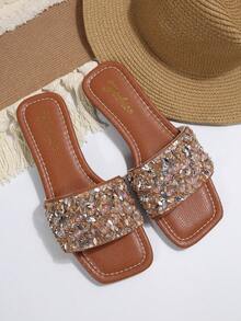Sandales à enfiler ornées de strass, légères et antidérapantes, convenant pour la plage, le port casual, l'intérieur, les grandes tailles, nouveau design pailleté à la mode - Tabac - Voir 8