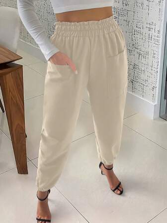 女士休闲纯色双口袋锥形 7/8 裤