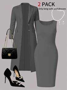 Plus Size Women's Elegant 2-Piece Set, Solid Color Minimalist Versatile Long Cardigan Jacket + Bodycon Mid-Length Dress, Suitable For Commuting And Daily Wear, Spring/Autumn/Winter - Gray 9+73 - View 3