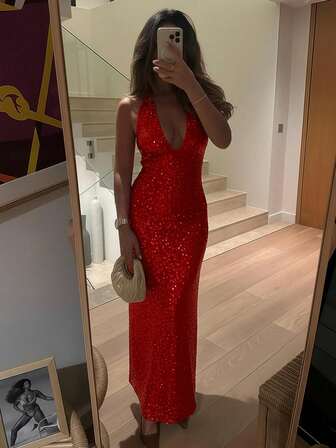 QIANZHIDU Women's Sequin Spaghetti Strap Maxi Dress, Deep V-Neck Design, Backless, Suitable For Company Gala, Evening Gown, Birthday Party, Bachelorette Party, Wedding Guest, Women Long Dress