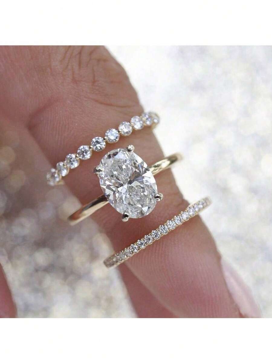 三件套独特椭圆形切割立方氧化锆结婚戒指套装,订婚戒指,送给她的礼物,承诺戒指,结婚戒指,永恒戒指和素圈戒指套装,情人节珠宝礼物 - 金色 - 查看 1