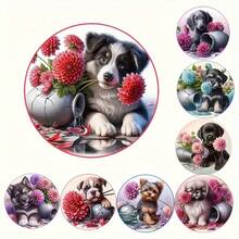 1 Set Of 8-Piece Adorable Dog And Floral Patterned Coasters - Wooden Drink Coasters, Perfect Home Decor Gift, Animal Theme, Kitchen Accessories, Valentine's Day Gift, Available As 1 Set, 2 Sets Or 23 Sets