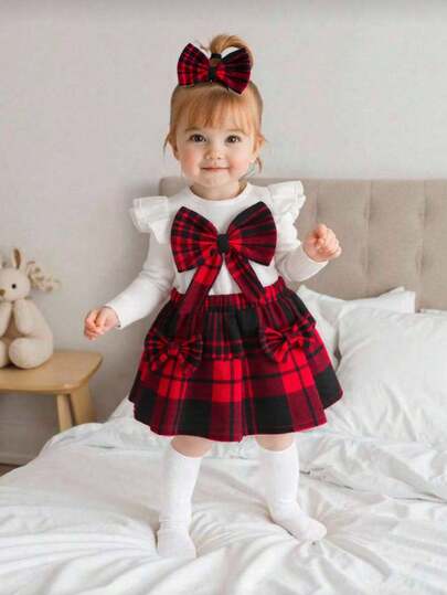 Newborn Baby Girl Outfit: White Long Sleeve Top With Bow Decor And Red Plaid Skirt With Bow Decor, Elegant Vintage Cute Style, Comfortable Fabric, Autumn New Arrival