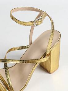 Tacones altos de tacón grueso con punta cuadrada dorada para mujer, zapatos elegantes, cómodos y estilizadores para fiestas, trabajo diario y ocasiones minimalistas - Dorado - Ver 8