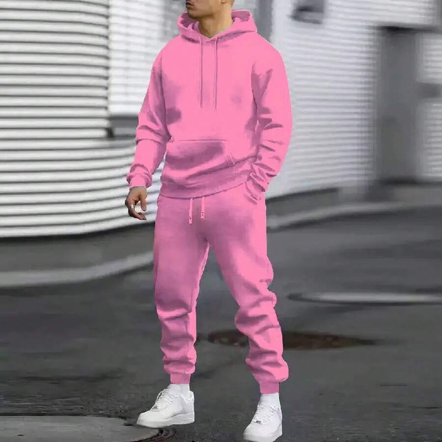 Men's Autumn Suit Casual Sports Solid Color Hoodie Men's Two-Piece Set Loose Sweatshirt Men's Clothing - 粉紅色 - 查看 1