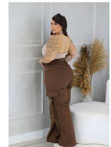 Cargo Jeans, Wide Leg, Plus Size, Caramel Color, Casual, Pocket, Button, Zipper, Wedding, Office - Coffee Brown - View 2