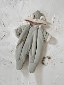 Newborn Baby Boy Thick Fleece Animal Ear Hooded Zipper Front Footed Jumpsuit, Warm For Winter - رمادي - مشاهدة 10