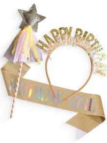 3件組兒童生日頭飾，生日快樂皇冠髮箍，生日裝飾與禮物－粉色生日肩帶與最愛五角星魔杖套組 - 彩色 - 查看 9