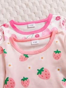 2 Sets (4pcs) Girls & Toddlers Casual Strawberry, Flower, Cherry, Bow, Heart Print Soft & Comfortable Flame Retardant Knit Fabric Long Sleeve T-Shirt And Pants Pajama Set, Suitable For Autumn/Winter Home Wear - Multicolor - View 3