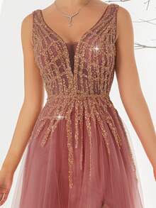 VIPGIRL Sequin Patchwork High Slit Elegant Long Evening Gown - Red - View 6